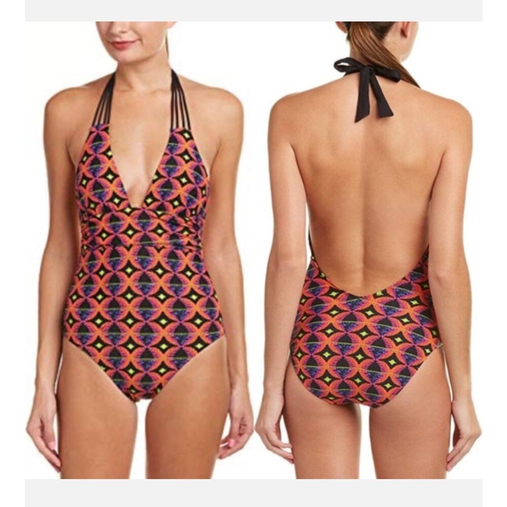 Trina Turk Halter Colorful One-Piece Swimsuit Size: 10